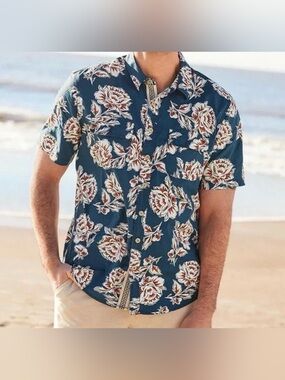Matilda Jane Men’s Wind Down Floral Button Front Shirt Medium Blue Hawaiian